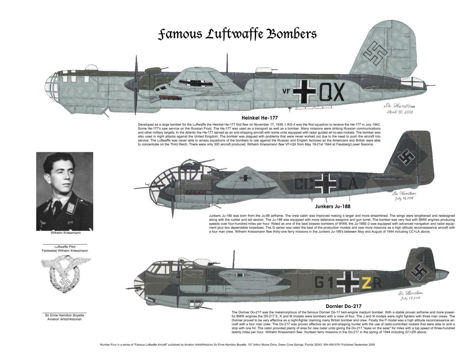 Junkers Ju-52, Heinkel He-111 and a He-177 Signed by Luftwaffe Pilot, E Boyette