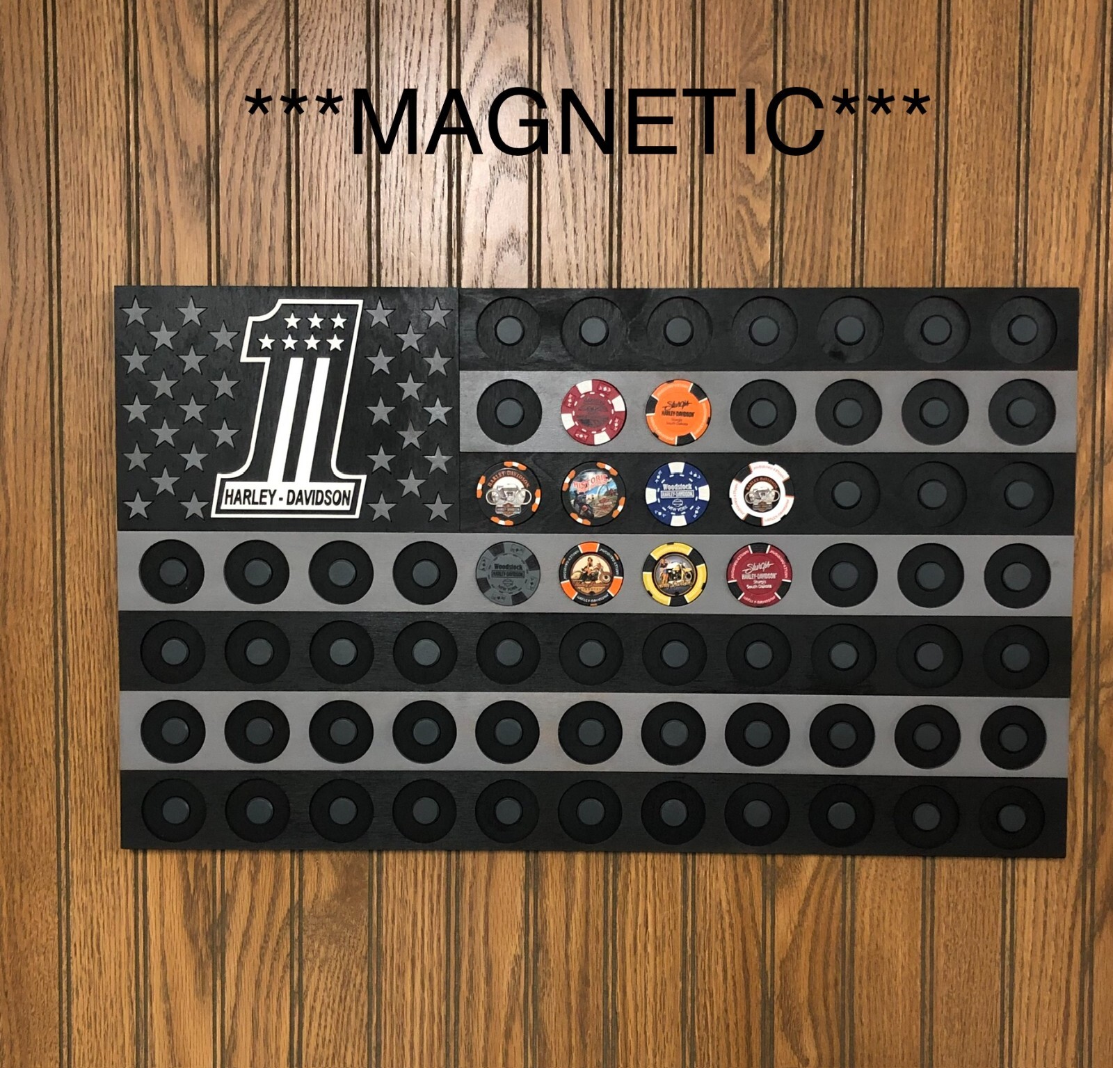 Poker Chip American Flag Black/Gray Magnetic Display Fits 65 Harley-Davidson Poker Chip American Flag Black/Gray Magnetic Display Fits 65 Harley-Davidson