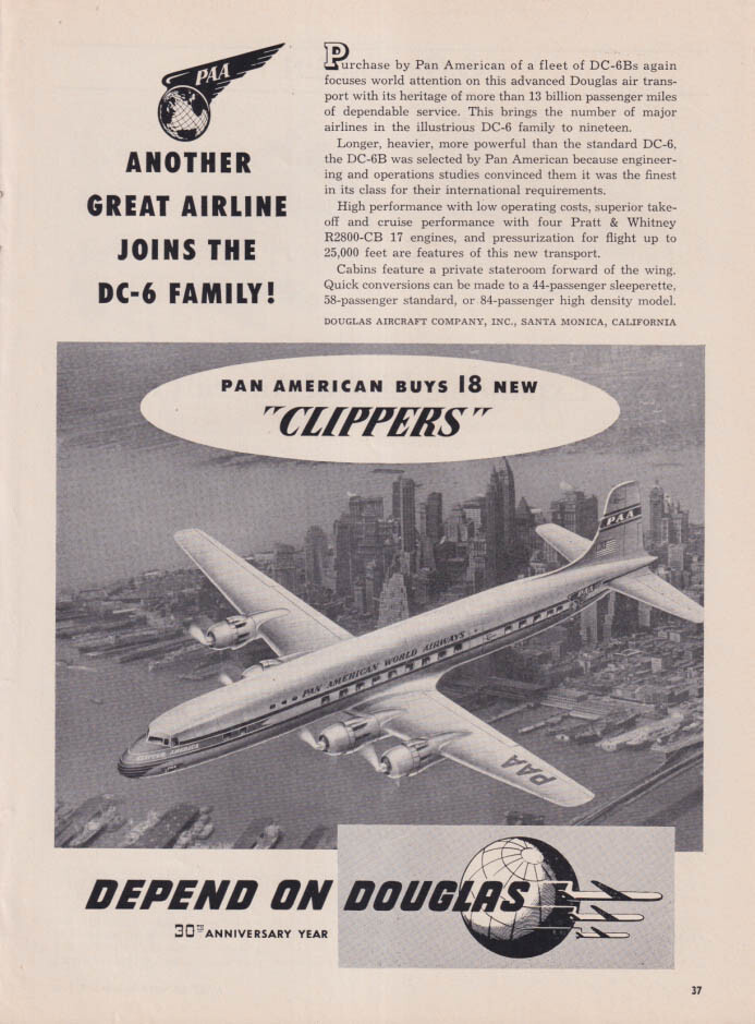 Pan American World Airways buys 18 Douglas DC-6B Clippers ad 1950 AW