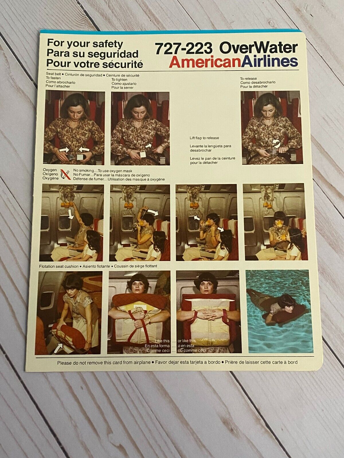 American Airlines Boeing 727-223 OverWater Safety Card - 1981
