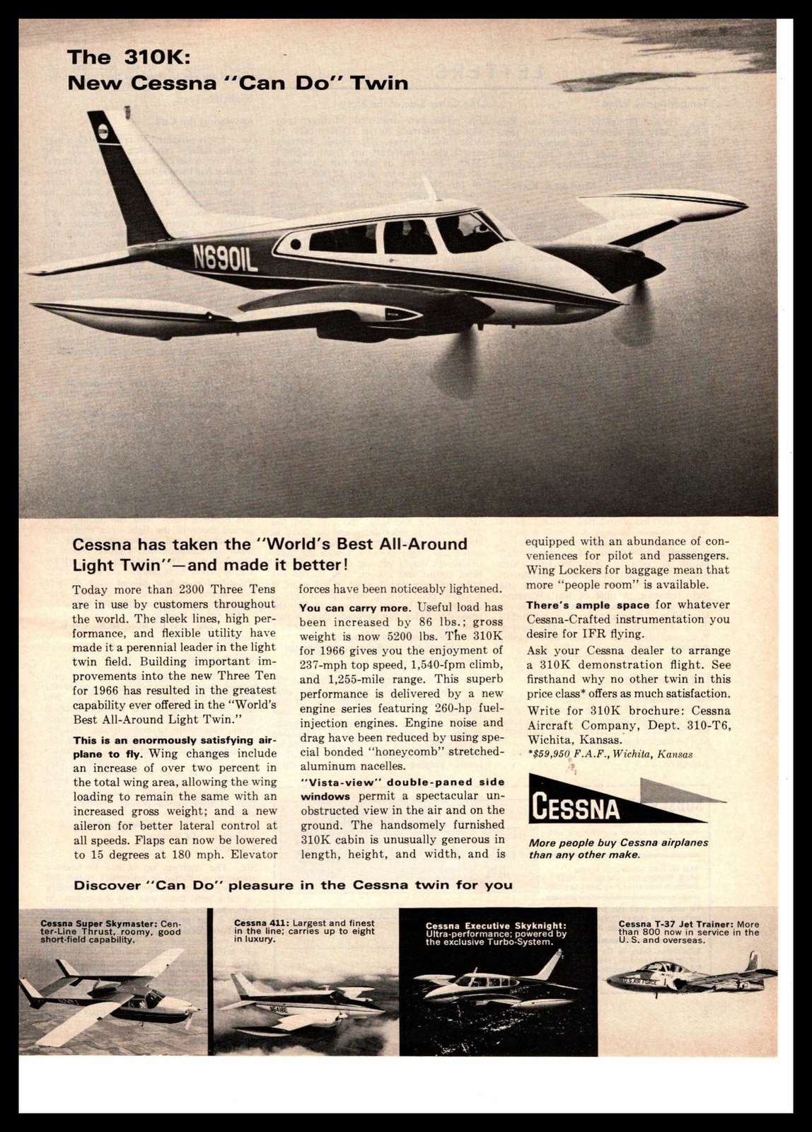 1966 Cessna 310K Light Twin AirPlane Cessna Aircraft Co. Wichita Kansas Print Ad
