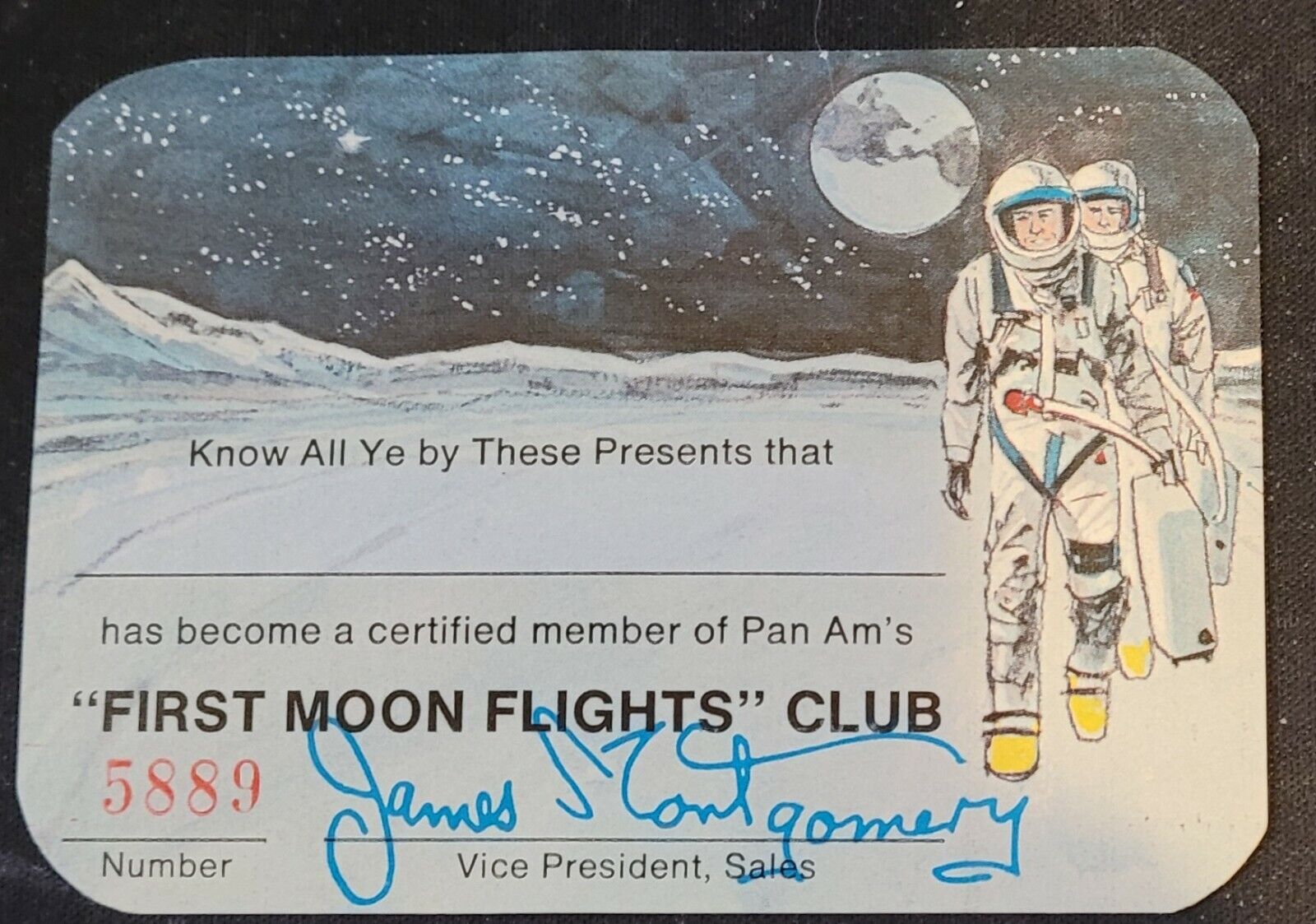 Pan Am - First Moon Flights Club card unissued low number blank excellent cond.