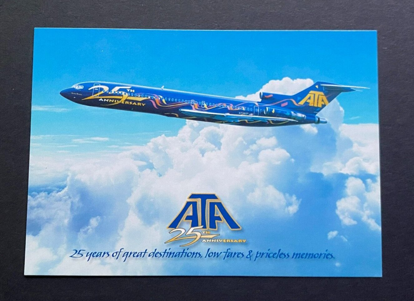 ATA American Trans Air Boeing 727-200 75th Anniversary Livery Aircraft Postcard ATA American Trans Air Boeing 727-200 75th Anniversary Livery Aircraft Postcard