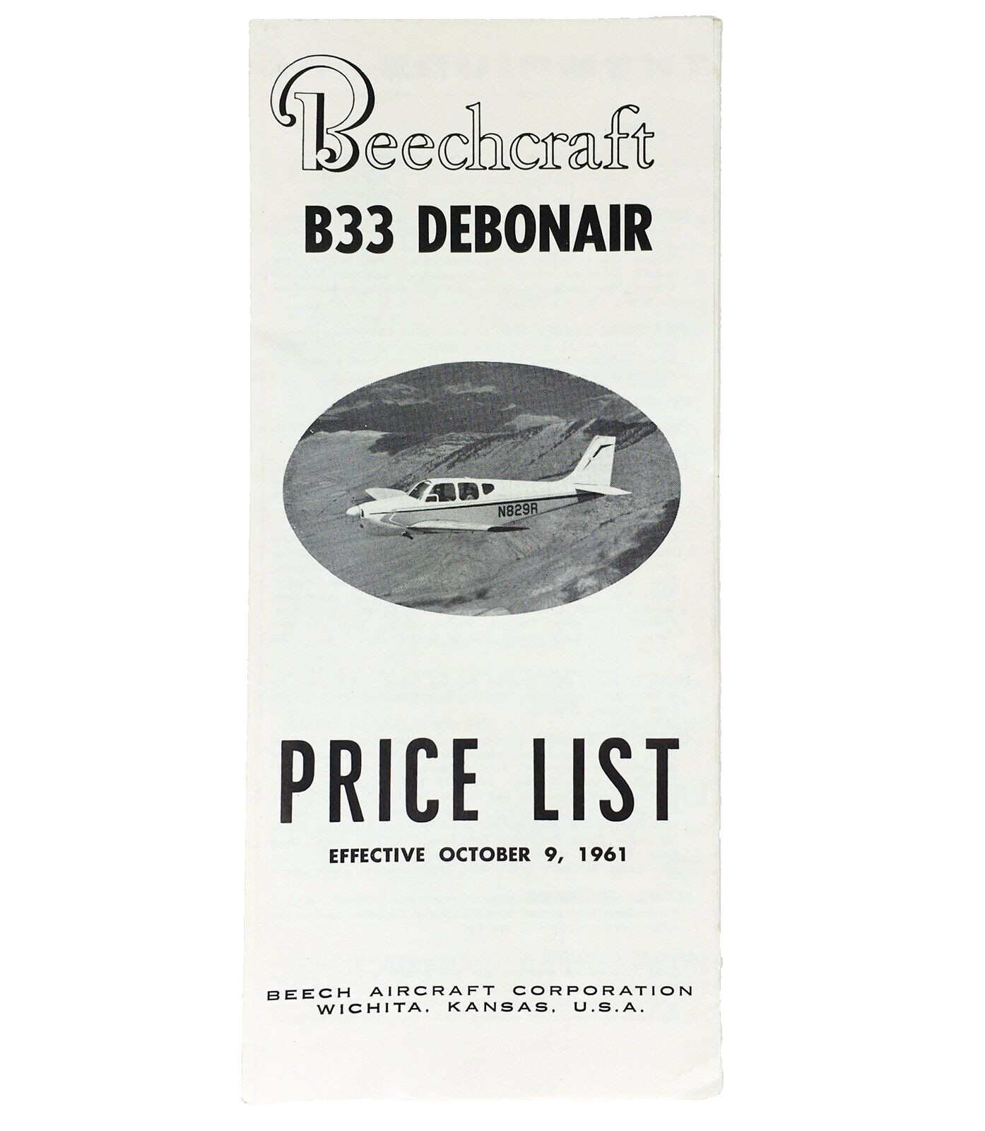 Beechcraft B33 Debonair Price List 1961 Airplane Pamphlet Vintage Original