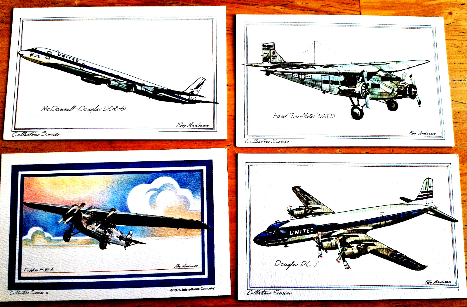 United Airlines Douglas DC-8-61, DC-7, FOKKER F-VII-6 TRIMOTOR Postcards
