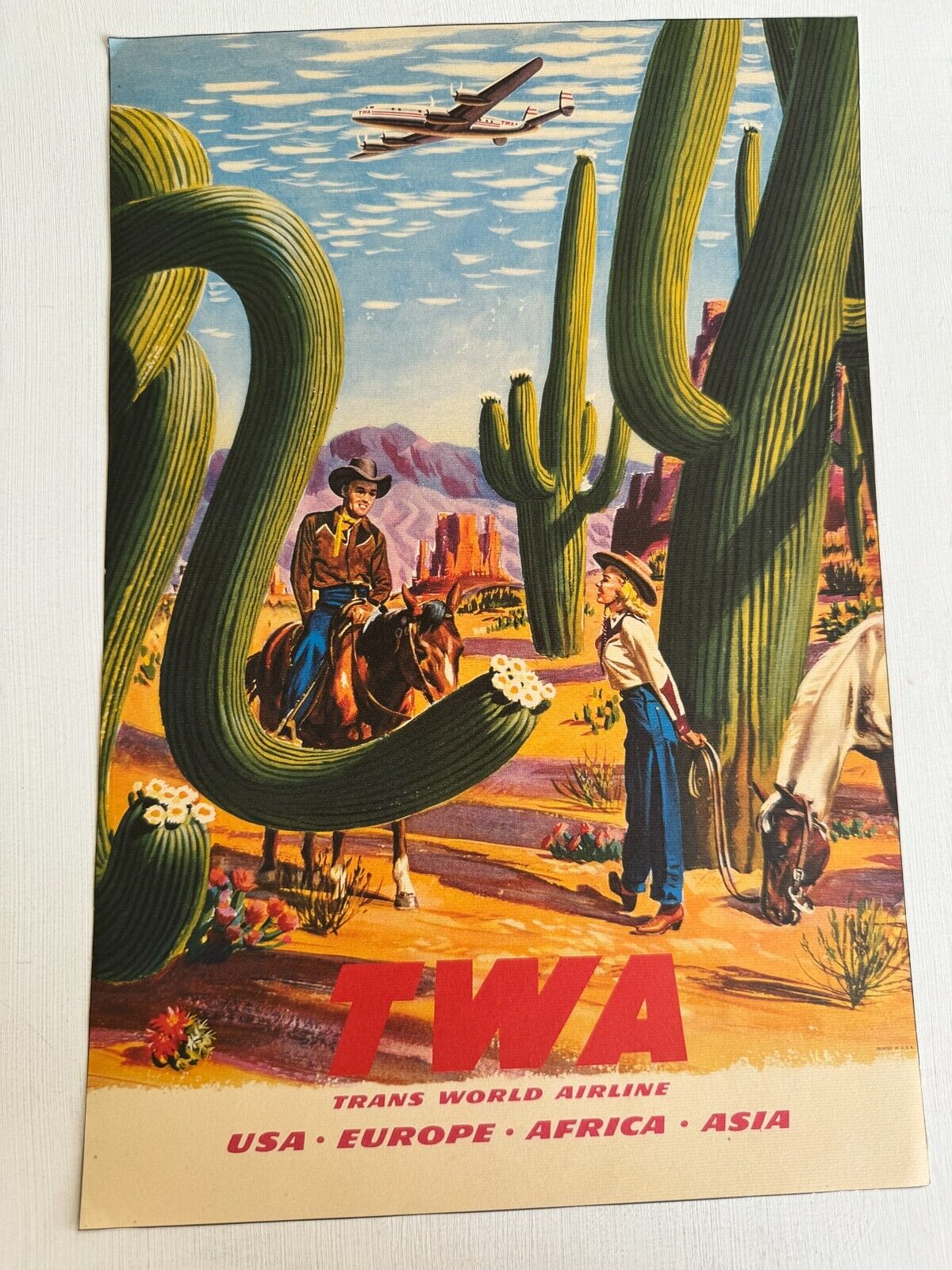 1950\'s TWA Travel Poster w/ Desert Scene and Constellation Airplane