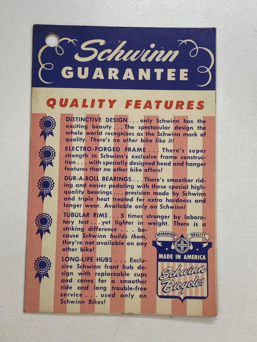 NOS original SCHWINN Made in America GUARANTEE & Price handlebar Hang TAG #3