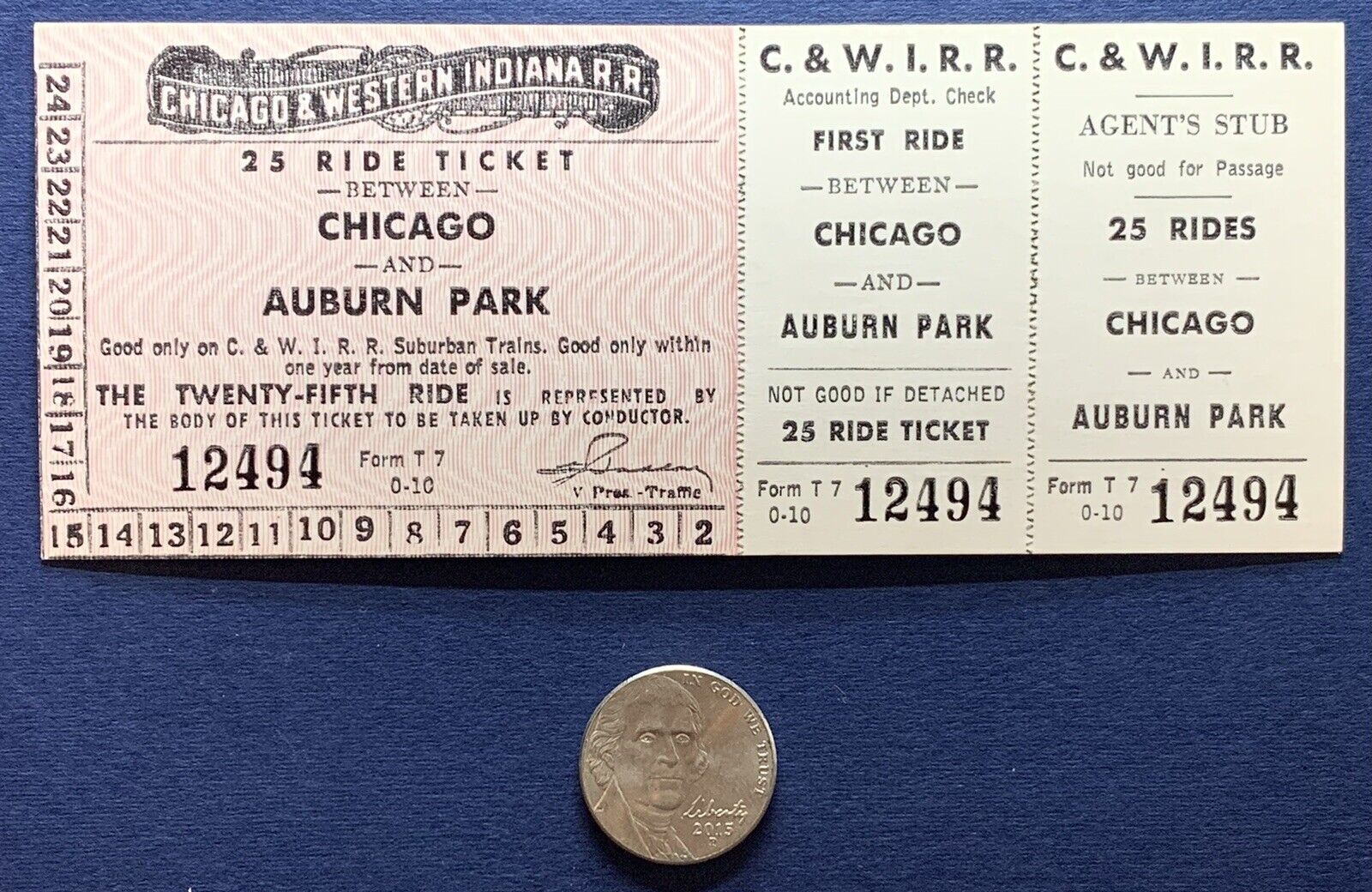 CHICAGO AND AUBURN PARK 25 RIDE TRAIN TICKET CHICAGO & WESTERN INDIANA RR #12494