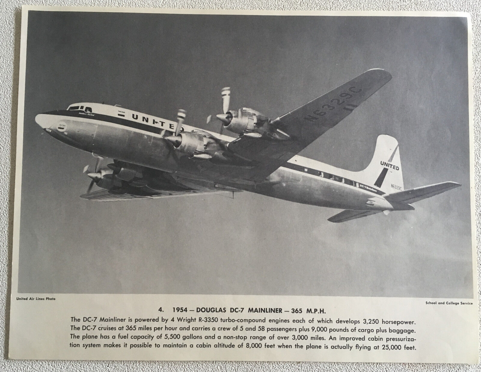 1954 United Air Lines 1954 Douglas DC-7 Mainliner Photo #4 8-1/2 X 11