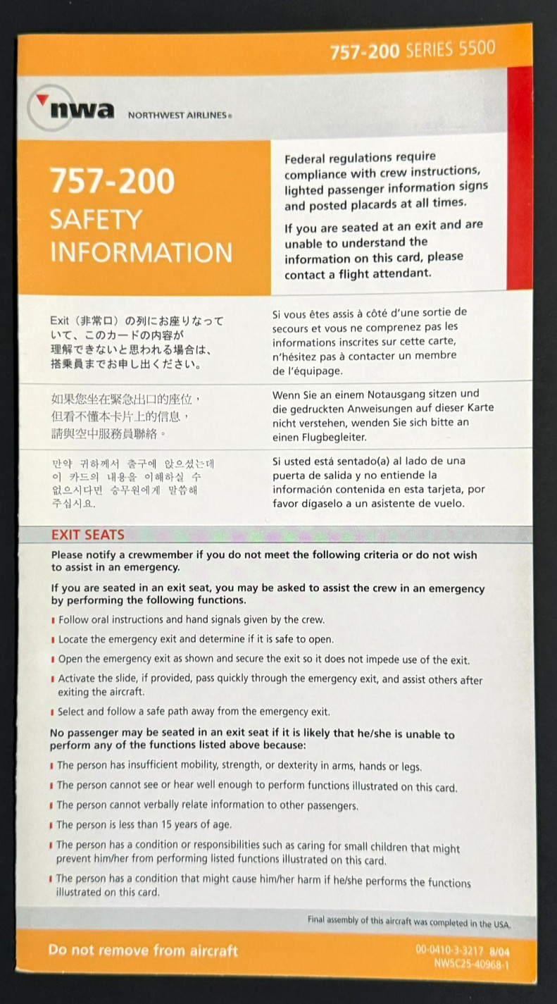 NWA Northwest Airlines Boeing 757-200 Series 5500 Safety Card - 8/06