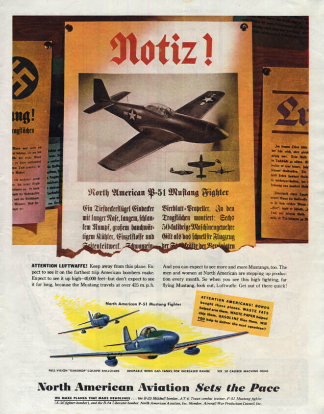 Attention Luftwaffe NOTIZ North American P-51 Mustang ad 1944 LK