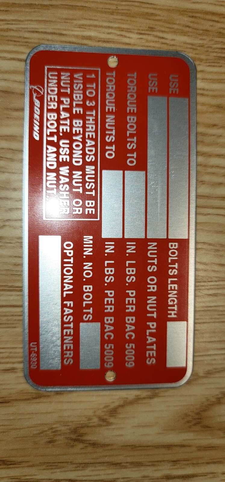 Boeing Aircraft Co UT-6930 Tag Metal Plate - 4 Boeing Aircraft Co UT-6930 Tag Metal Plate - 4