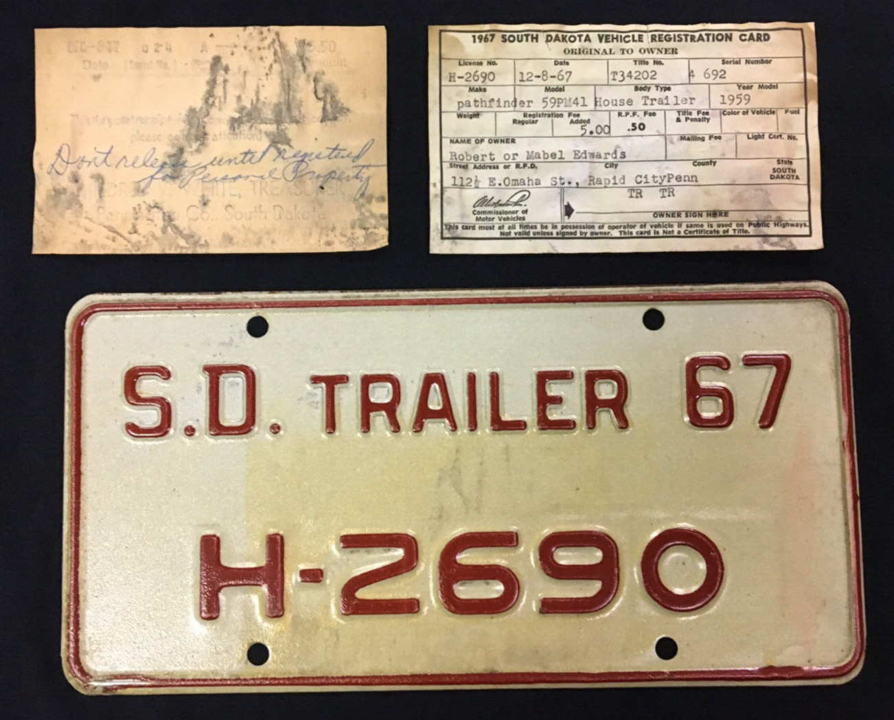 South Dakota 1967 Trailer License Plate H-2690 W/ Registration