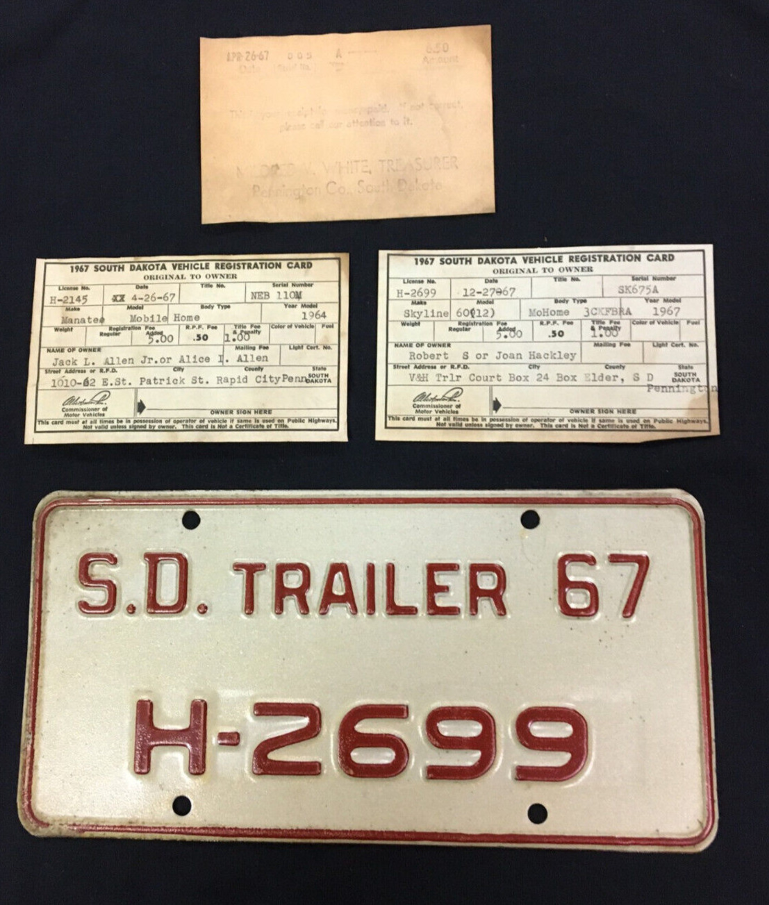 South Dakota 1967 Trailer License Plate H-2699 w/ Registration