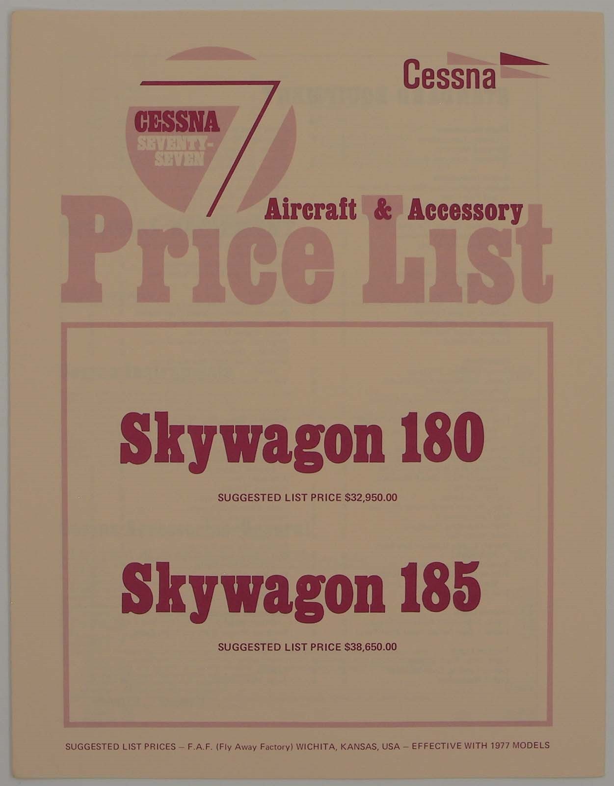 Cessna Aircraft Skywagon 180 & 185 1977 Aircraft & Accessory Price List Brochure