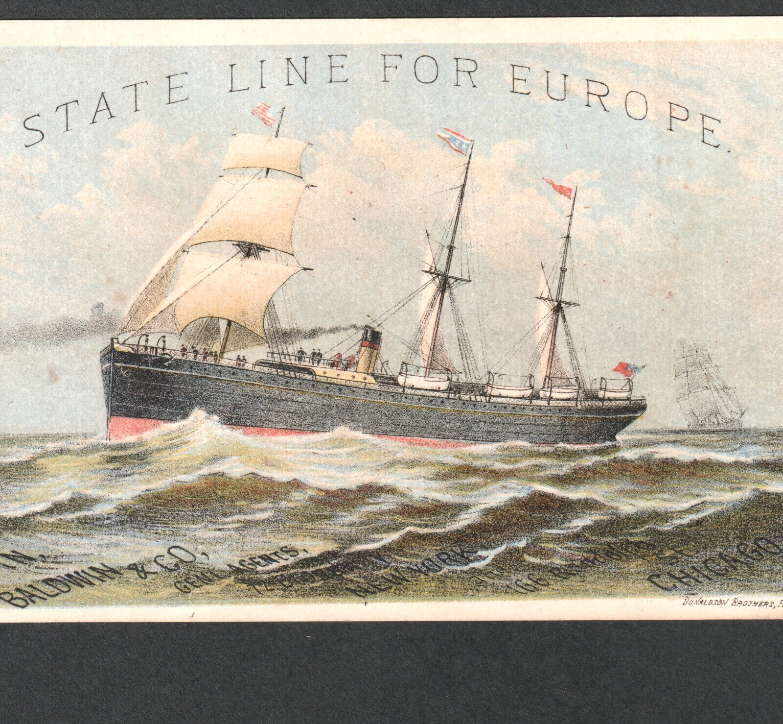 State Line for Europe New York Sea Ship 1800\'s Steamship Advertising Trade Card