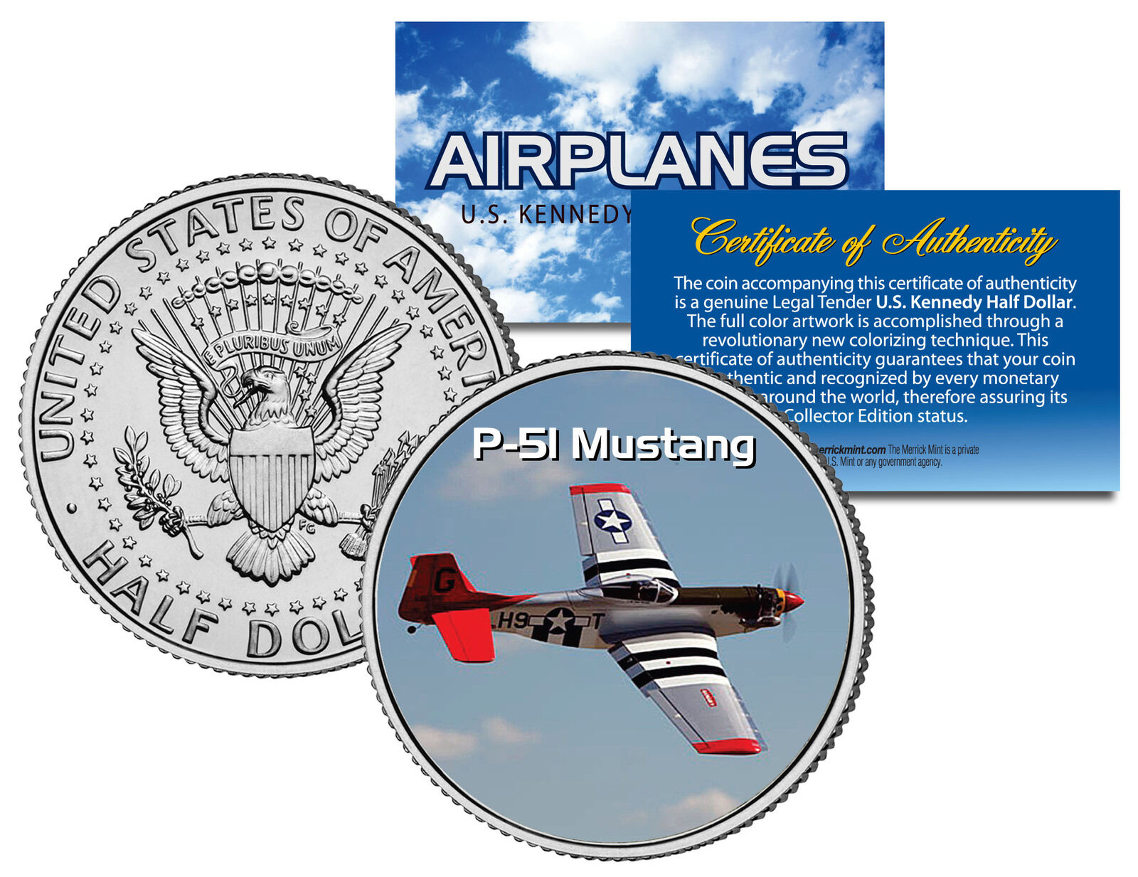 P-51 MUSTANG * Airplane Series * JFK Kennedy Half Dollar Colorized US Coin