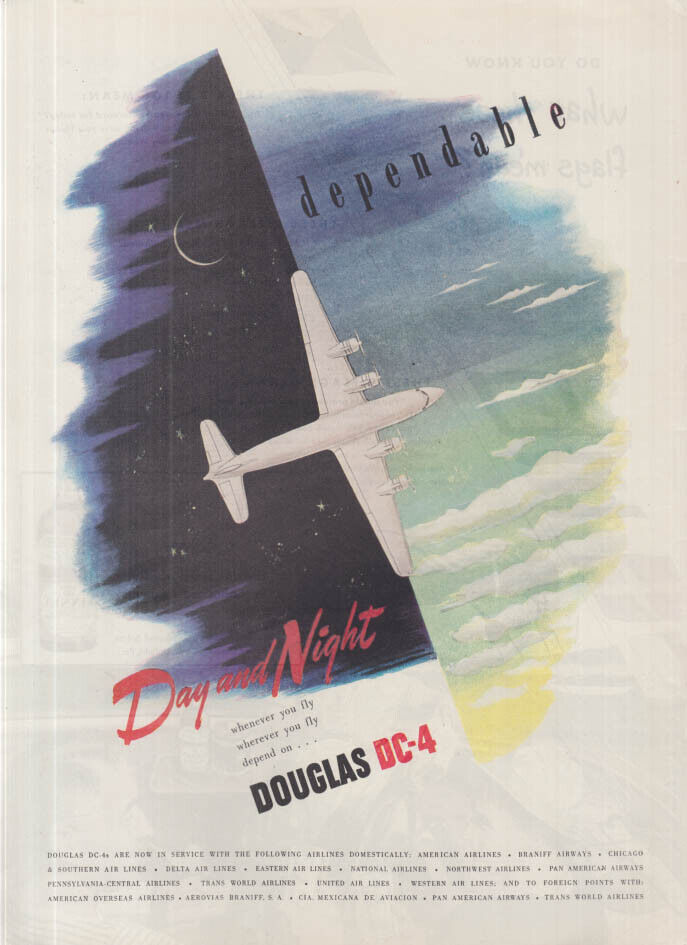 Dependable  Day & Night - Douglas DC-4 Airliner ad 1946
