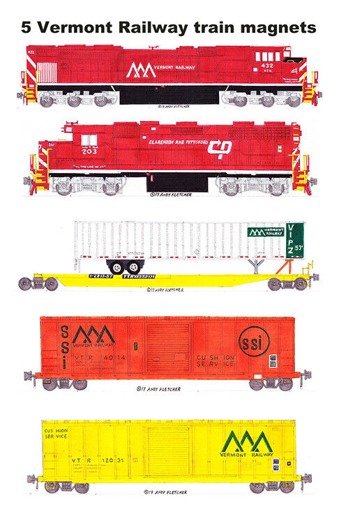 Vermont Railway Clarendon & Pitts. locomotives and train 5 magnets Andy Fletcher