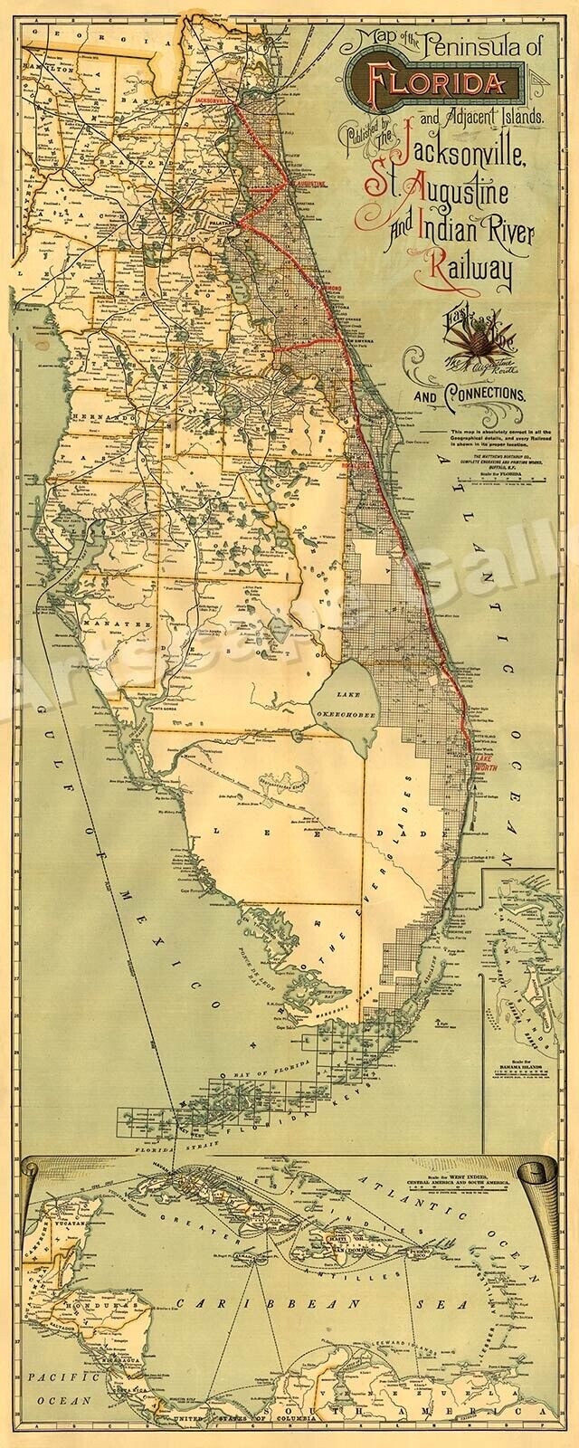 1893 Railroad Map of Florida Historic East Coast Line Railway Map - 24x60