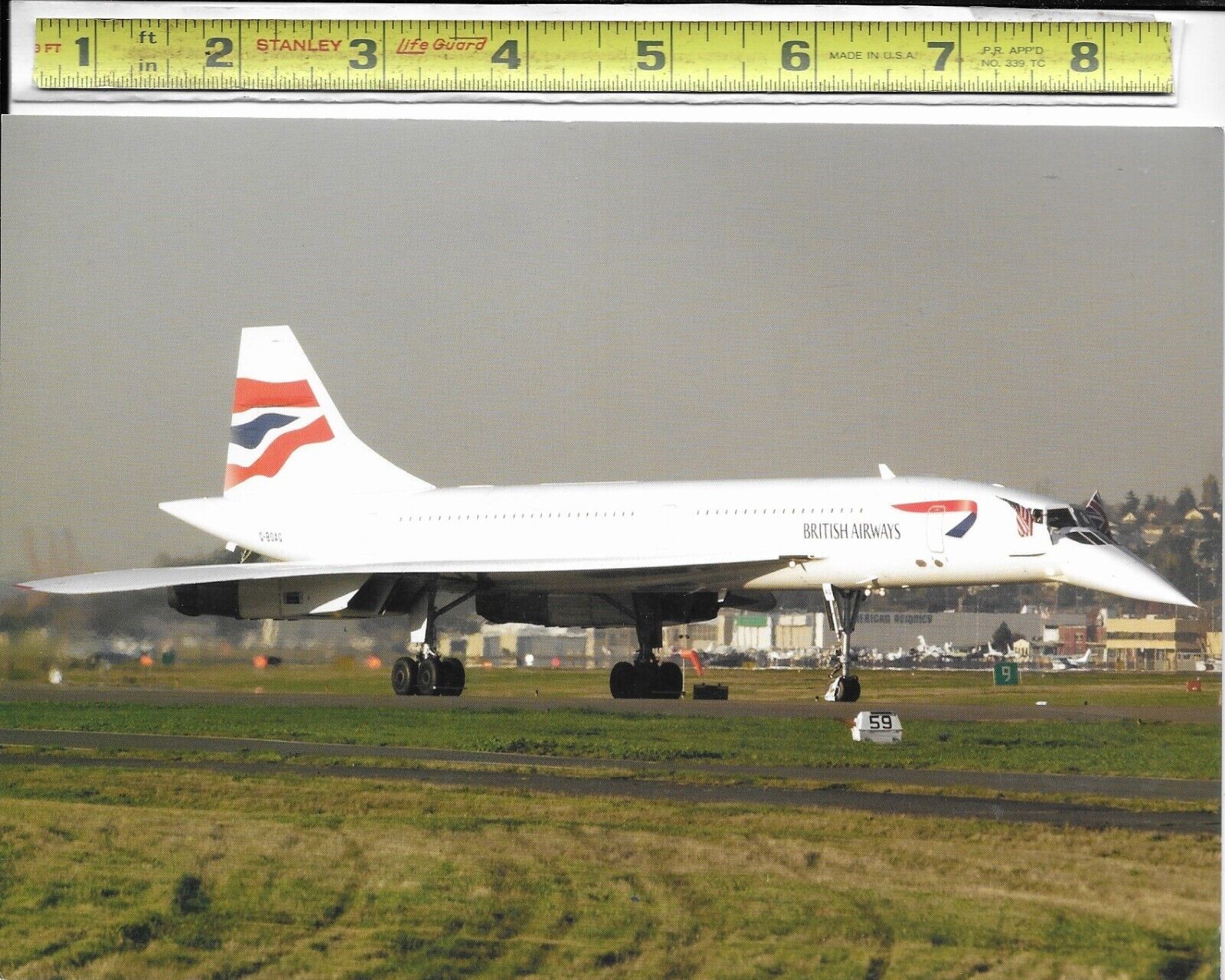 British Airways Concorde Last Taxi-way Large Postcard, US & UK cockpit flags