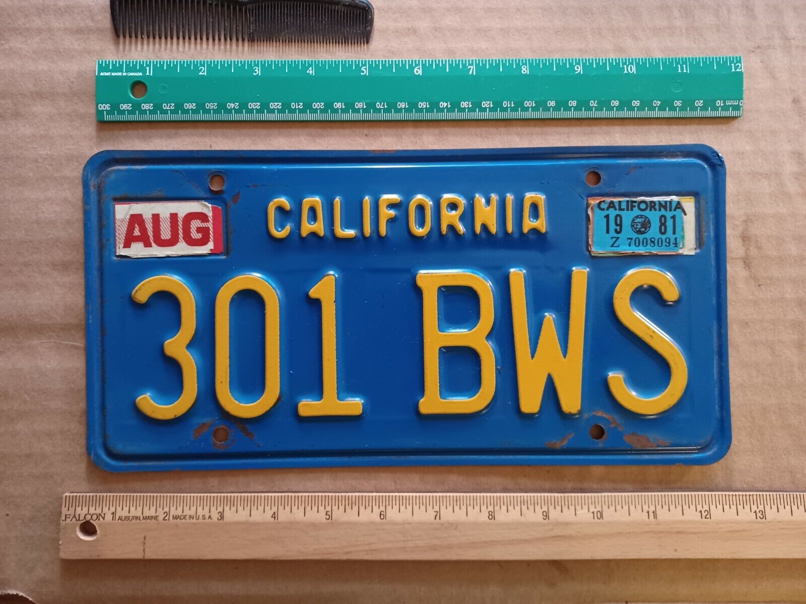 License Plate, Blue California 1970 Base, Older Steel Version, Passenger 301 BWS