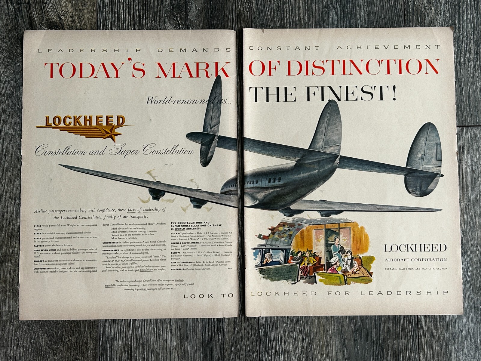 LOCKHEED Airlines Constellation Airplane 1954 Vintage Ad 20x14 Advert 1950\'s LOCKHEED Airlines Constellation Airplane 1954 Vintage Ad 20x14 Advert 1950\'s