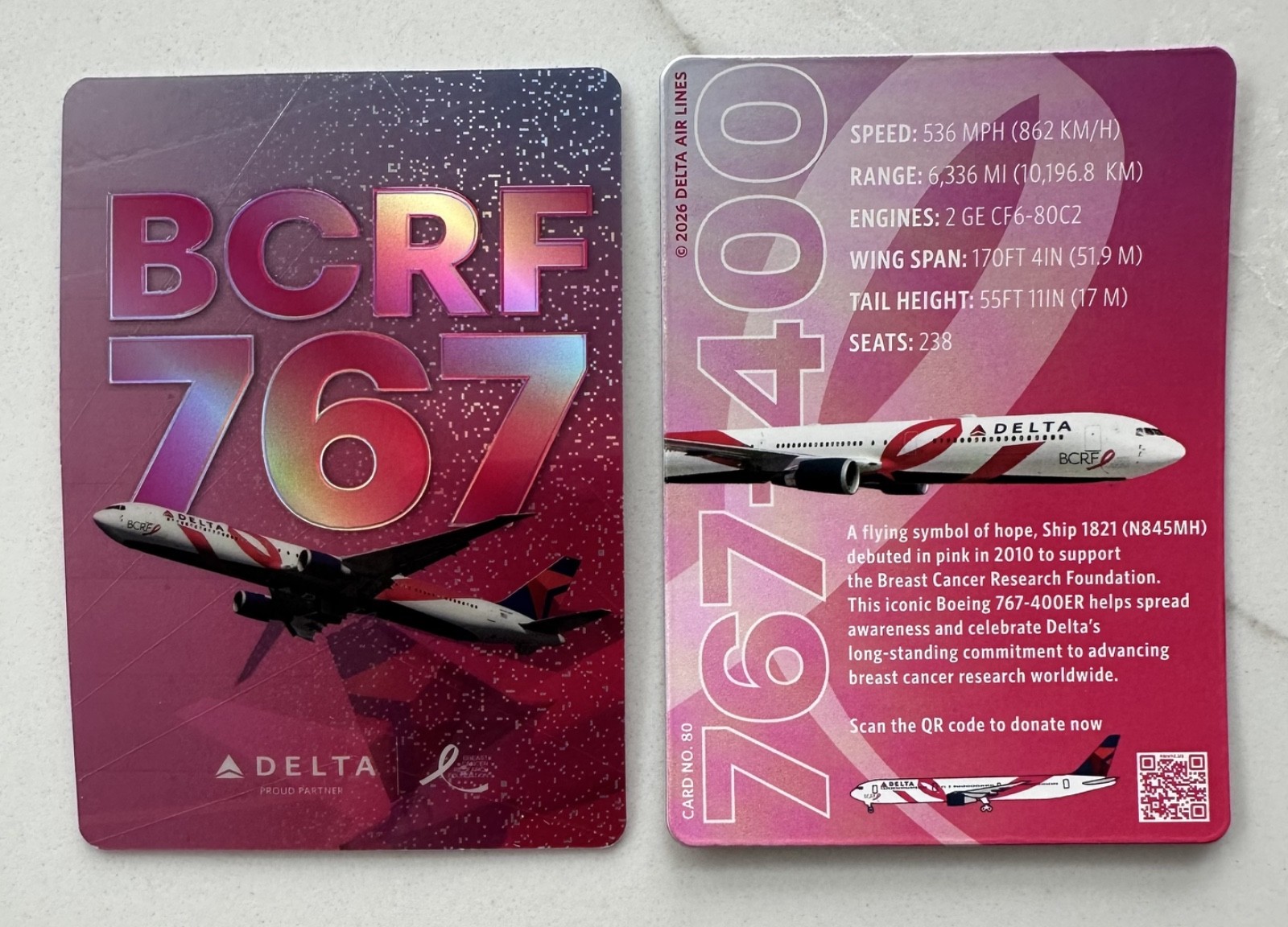 2026 Delta Air Lines BCRF Card #80 Limited Edition Pink Boeing 767-400ER