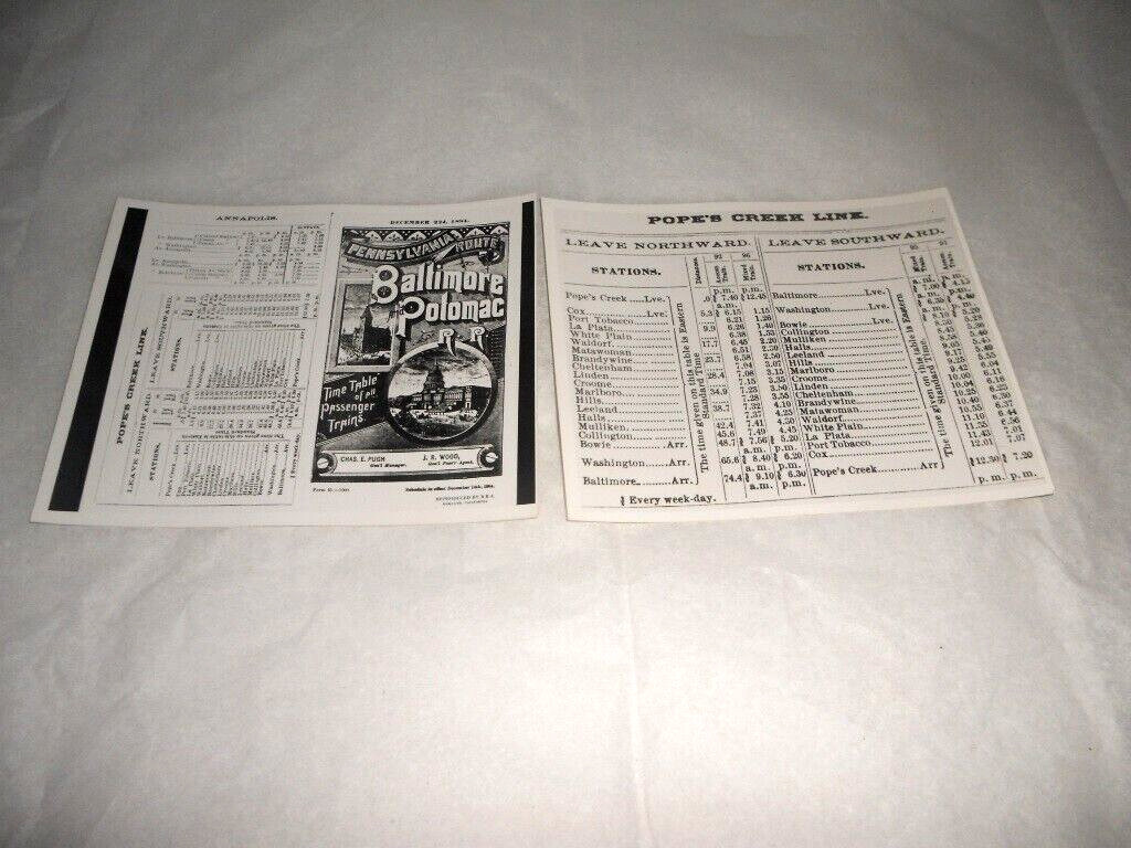 Baltimore & Potomac Popes Creek Timetable 1884 REPRODUCTIONS