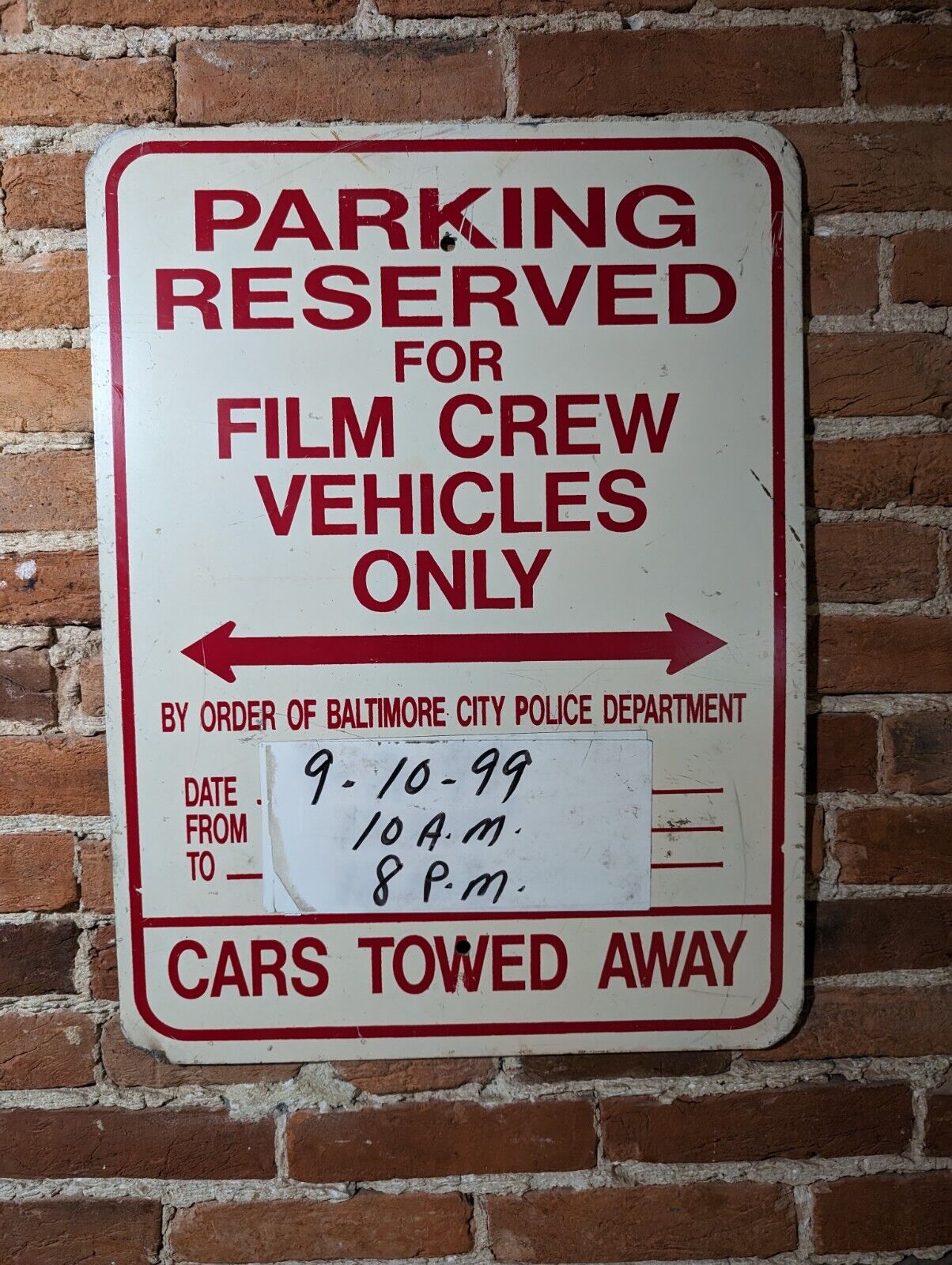 ** VINTAGE PARKING RESERVED FOR FILM CREW VEHICLES SIGN BALTIMORE CITY POLICE **