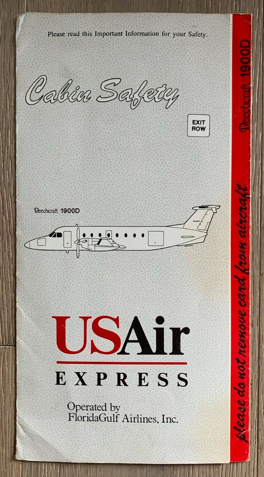 USAIR EXPRESS FLORIDAGULF AIRLINES BEECHCRAFT 1900D SAFETY CARD 1992