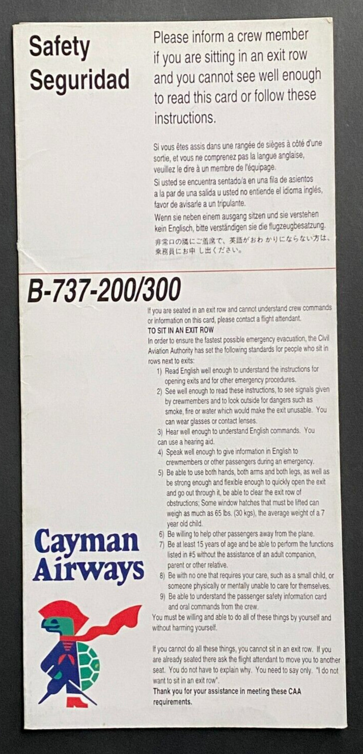 Cayman Airways Boeing 737-200/300 Safety Card - 2000