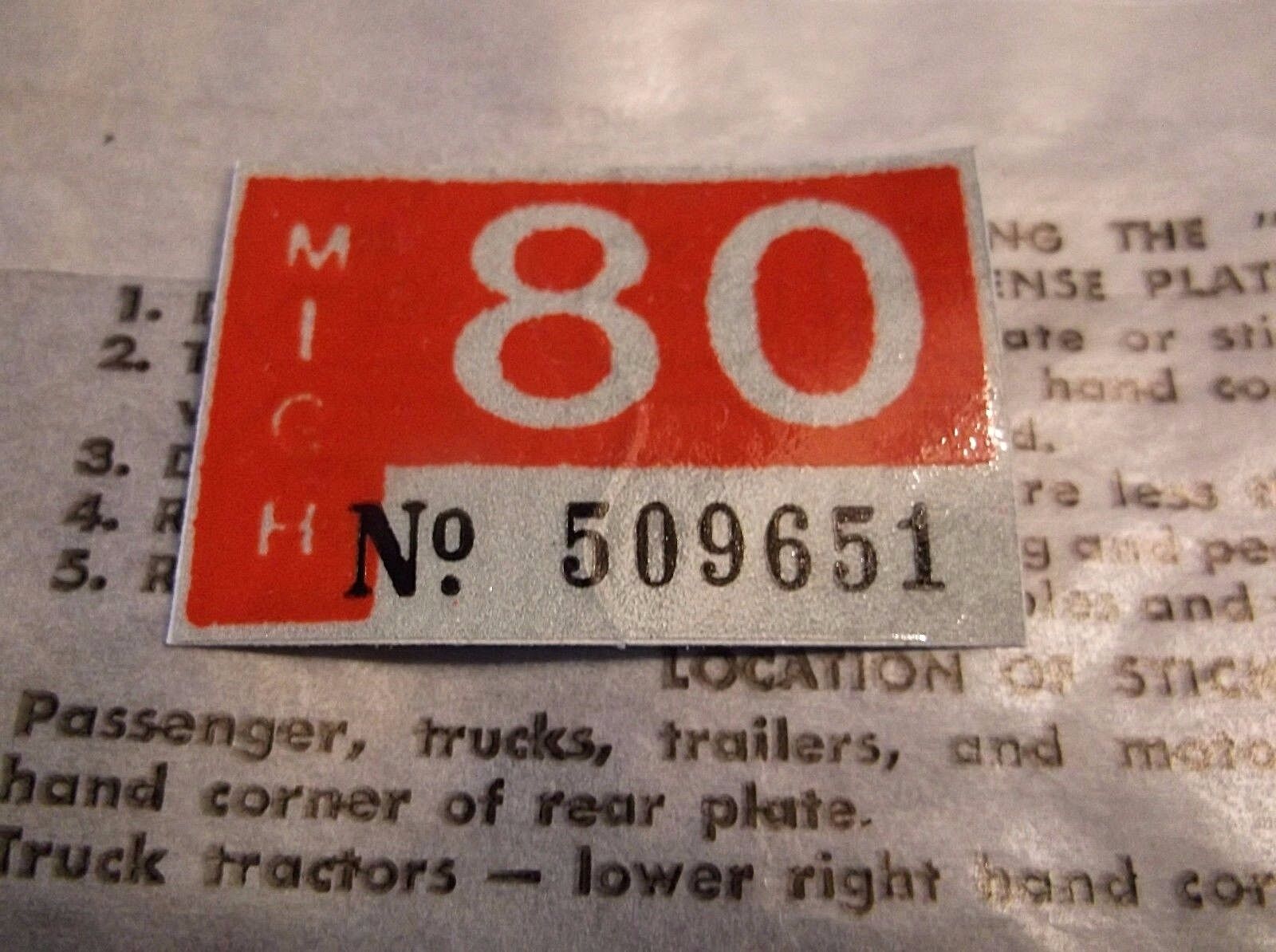 1980 Michigan License Plate Registration Tab Sticker New Old Stock Motorcycle 