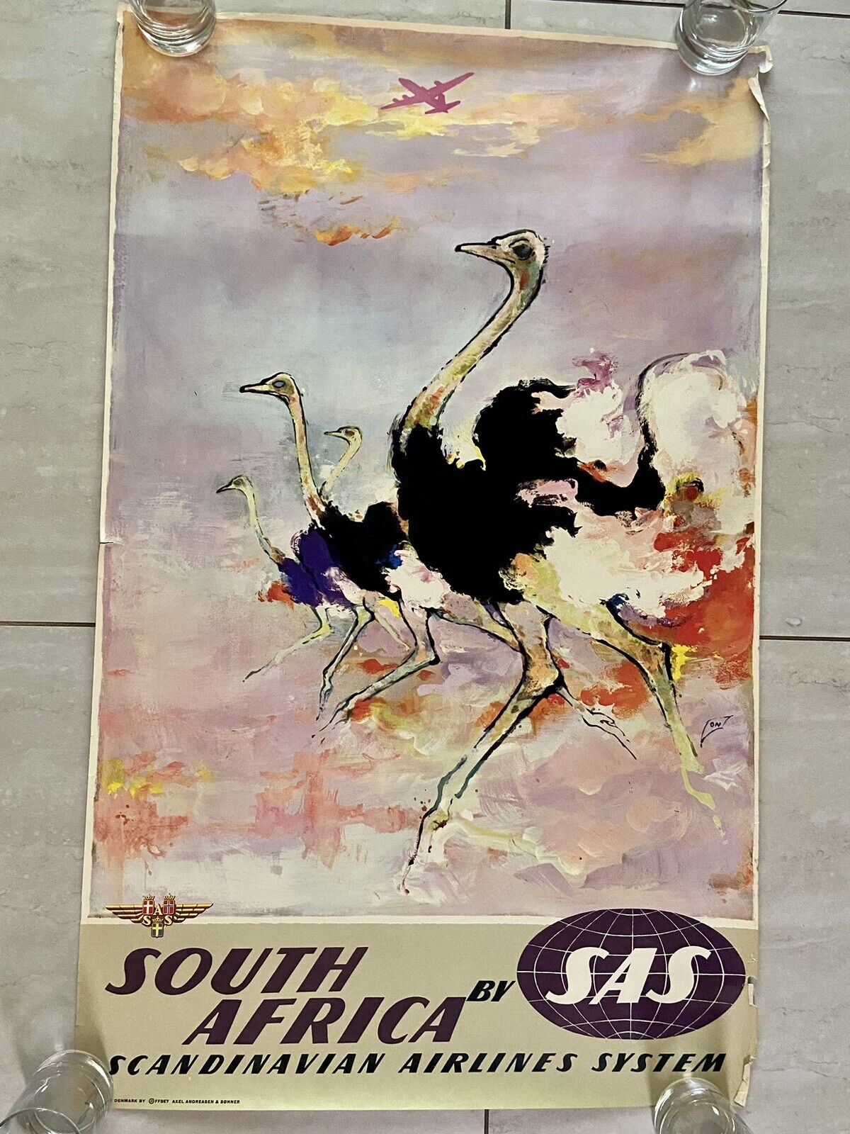 Vintage Mid Century Art SAS travel poster, South Africa Ostrich