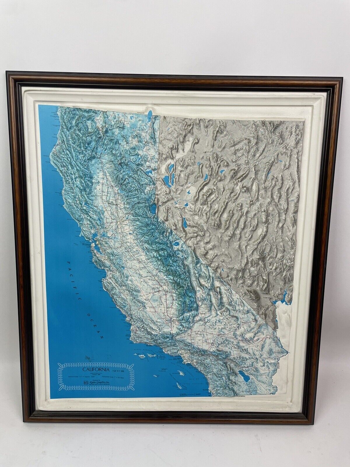 3D topographic map of California framed, Kistler Graphics 1989