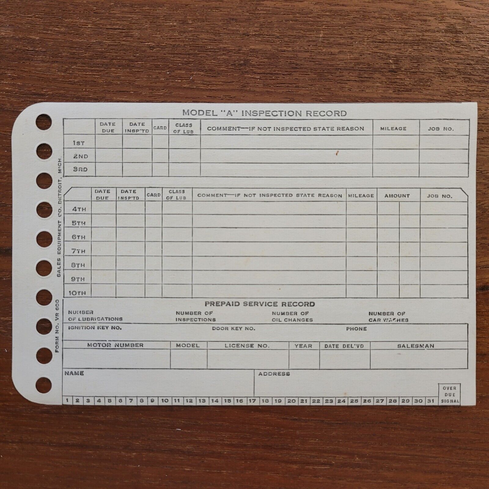 Model A Ford Antique Inspection Service Record Blank 1920s 1930s VR 600 Dealer