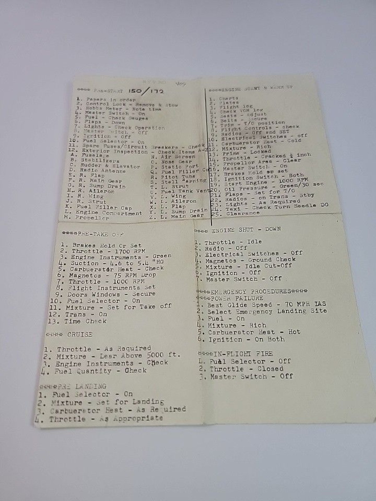 Vintage Cessna 150 172 Aircraft Checklist Pre-Start Takeoff Emergency Procedure