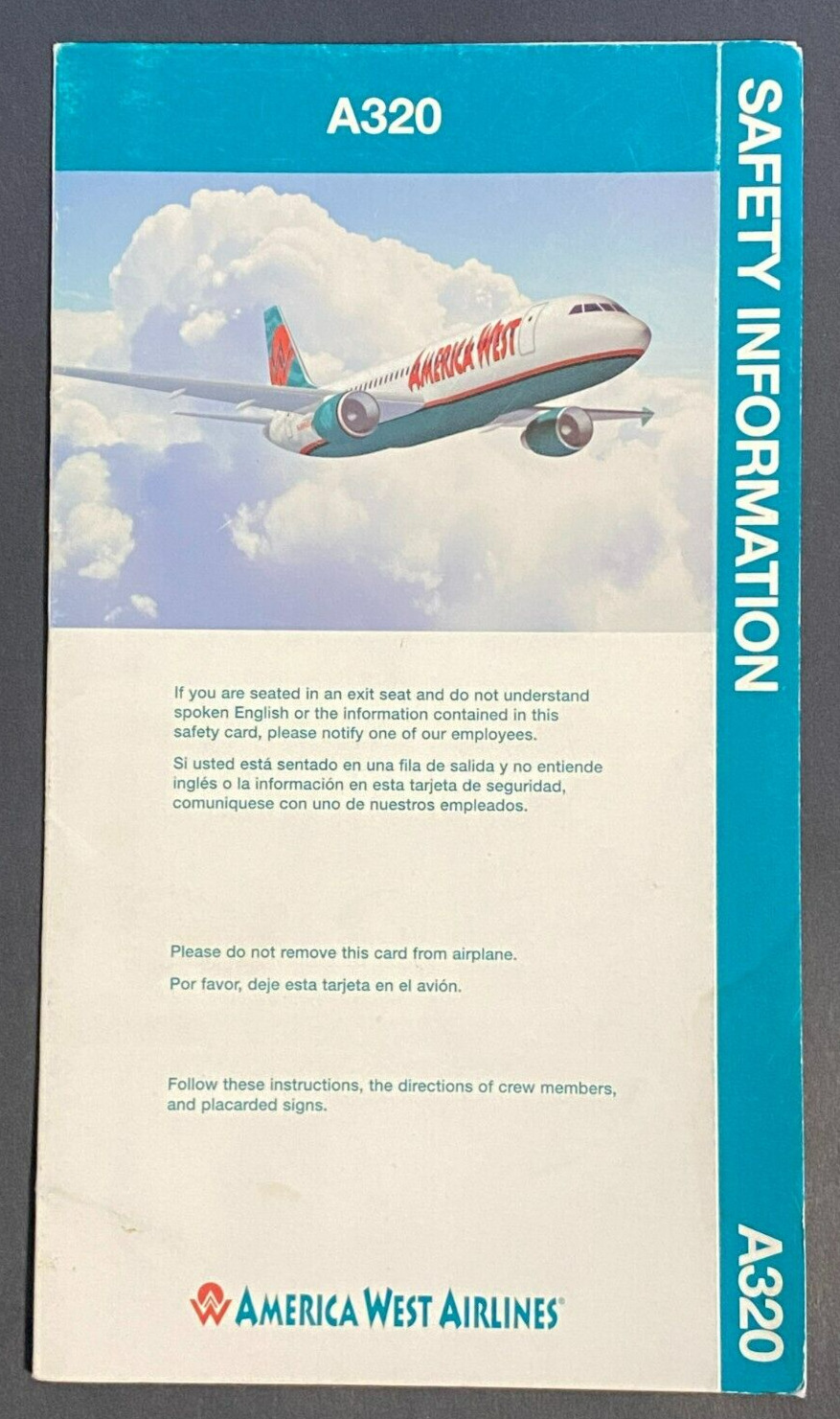 America West Airlines Airbus A320 Safety Card - 03/02