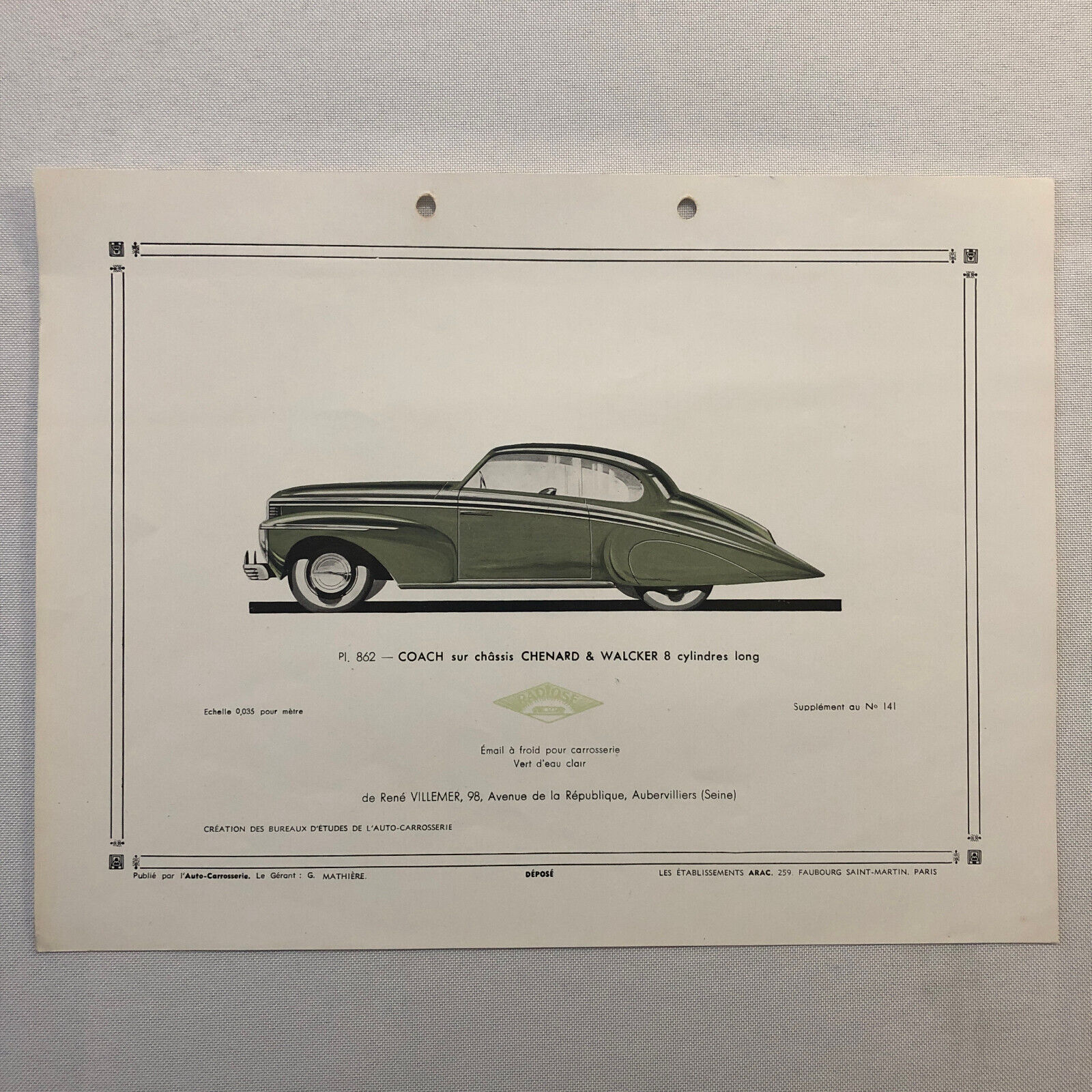 Chenard and Walcker Car Design Rendering L\'Auto Carrosserie Print 1930s