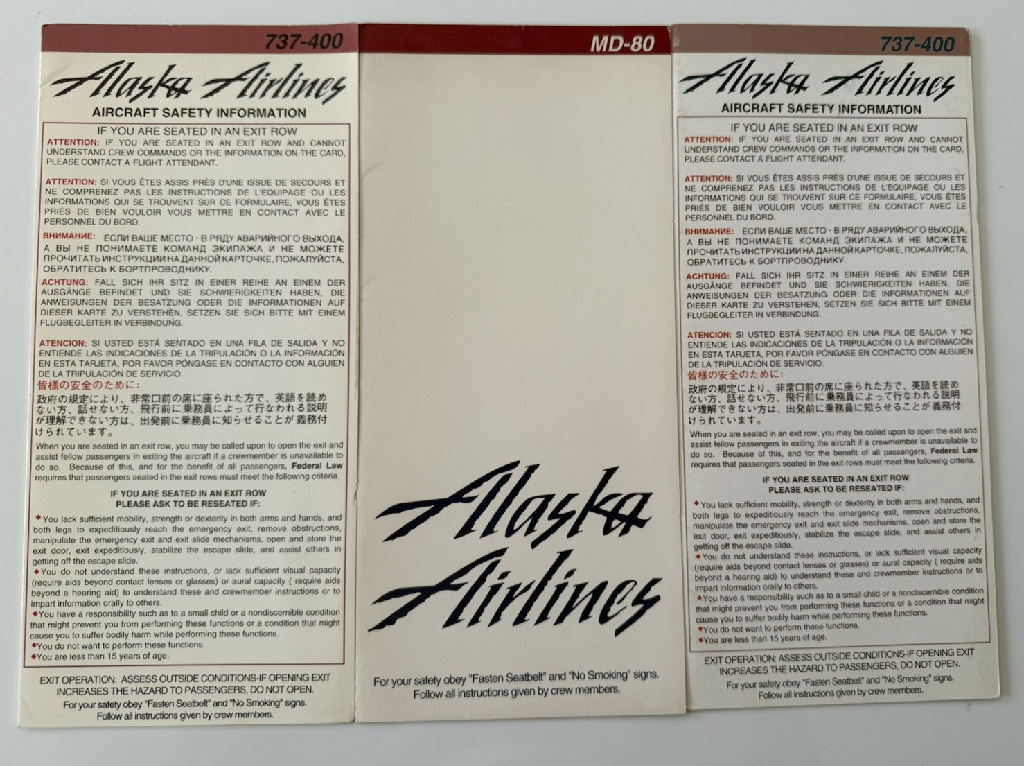 (3) Alaska Airlines Safety Cards~(2)Boeing 737-400 and (1) MD80 Aircraft