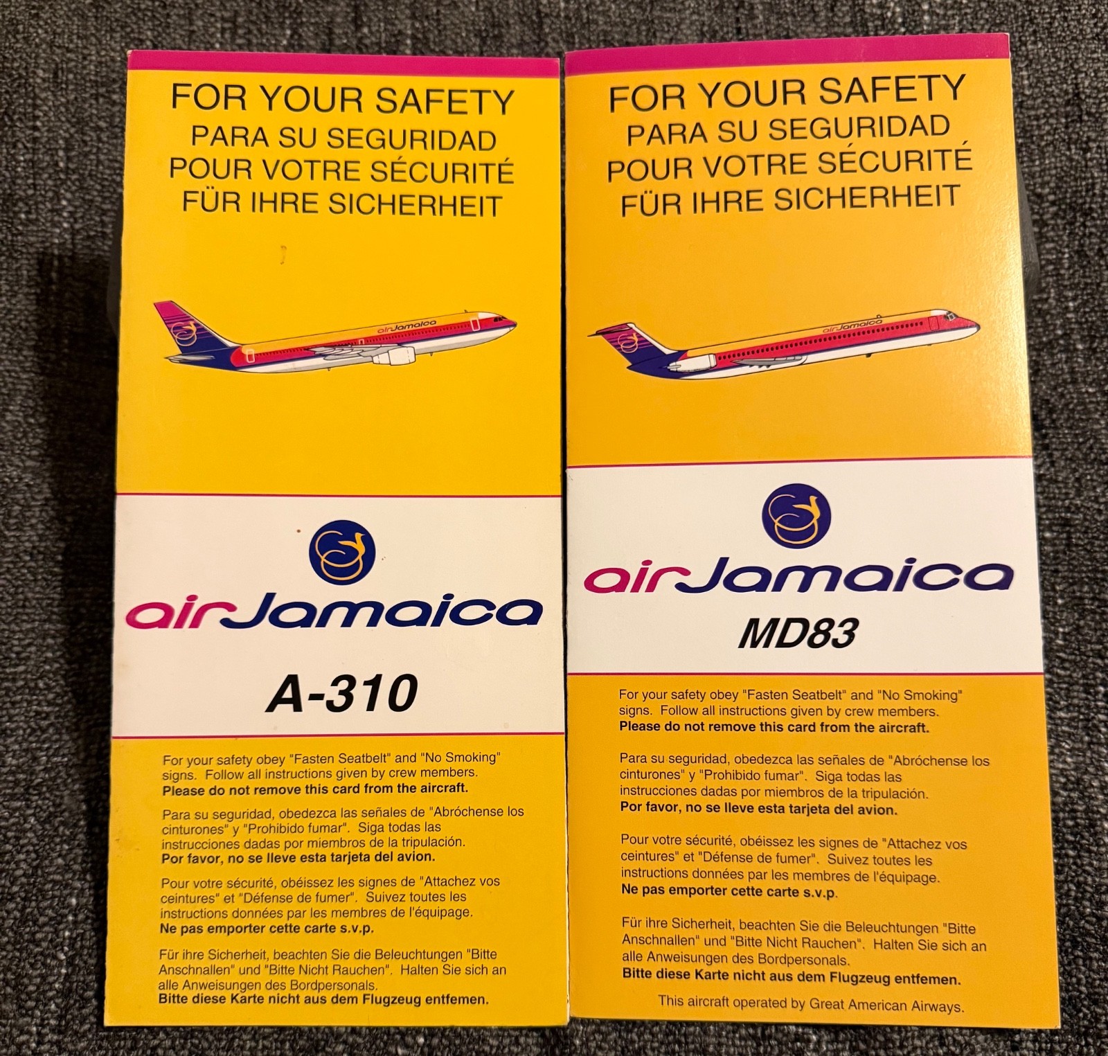 Air Jamaica A310 & MD-83(opb Great American Airways) Safety Cards Air Jamaica A310 & MD-83(opb Great American Airways) Safety Cards