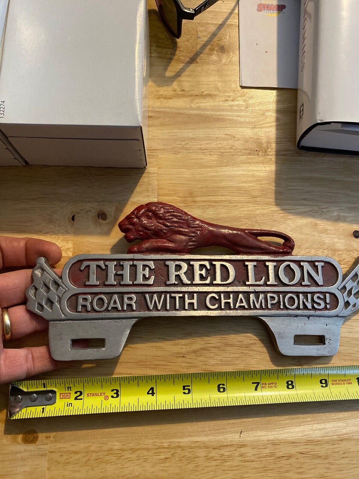 Red Lion Racing License Plate Frame Topper Solid Metal Patina Man Cave Collector