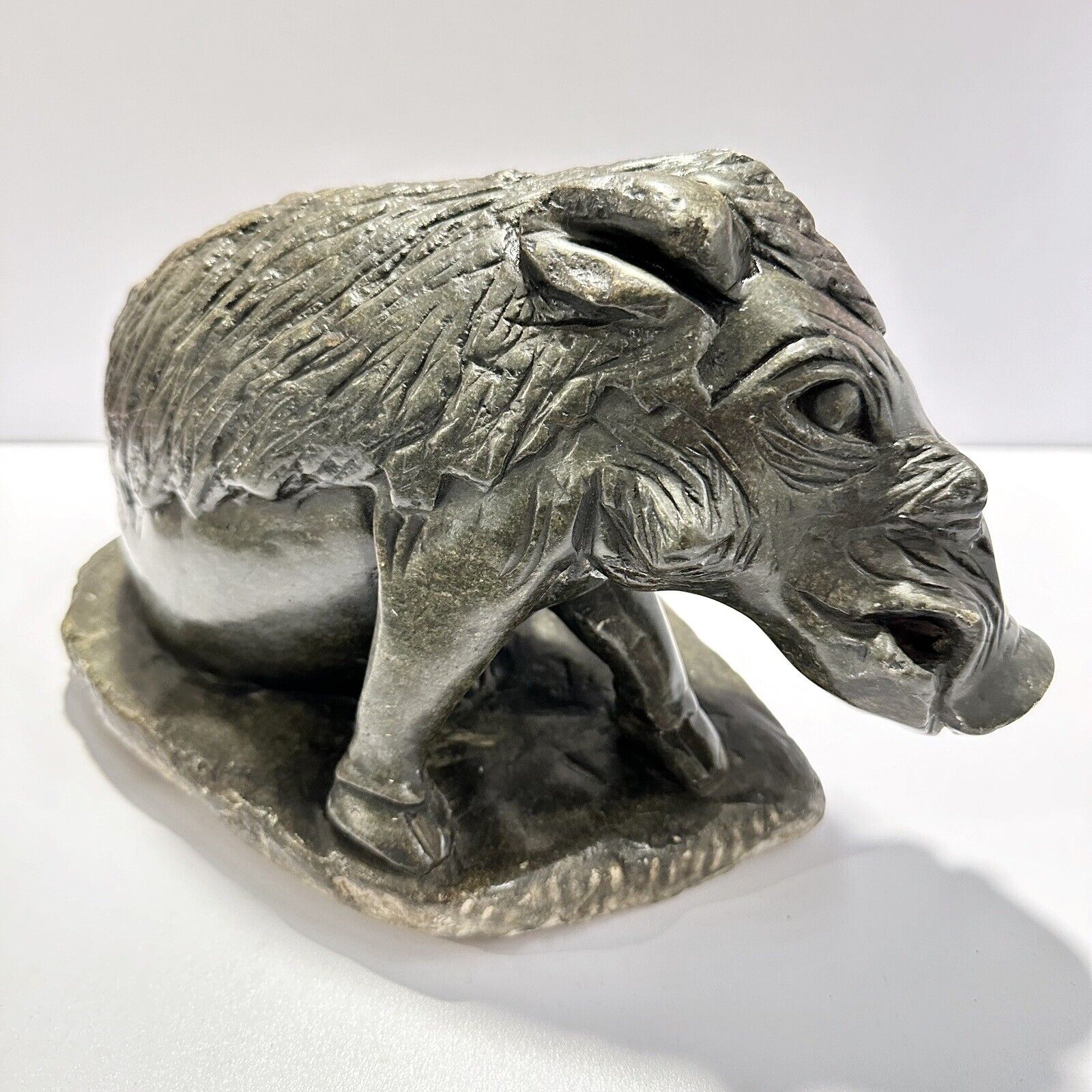 Vintage Stone Carved Pig Warthog Green Brown Polished Animal Carving Sculpture 2