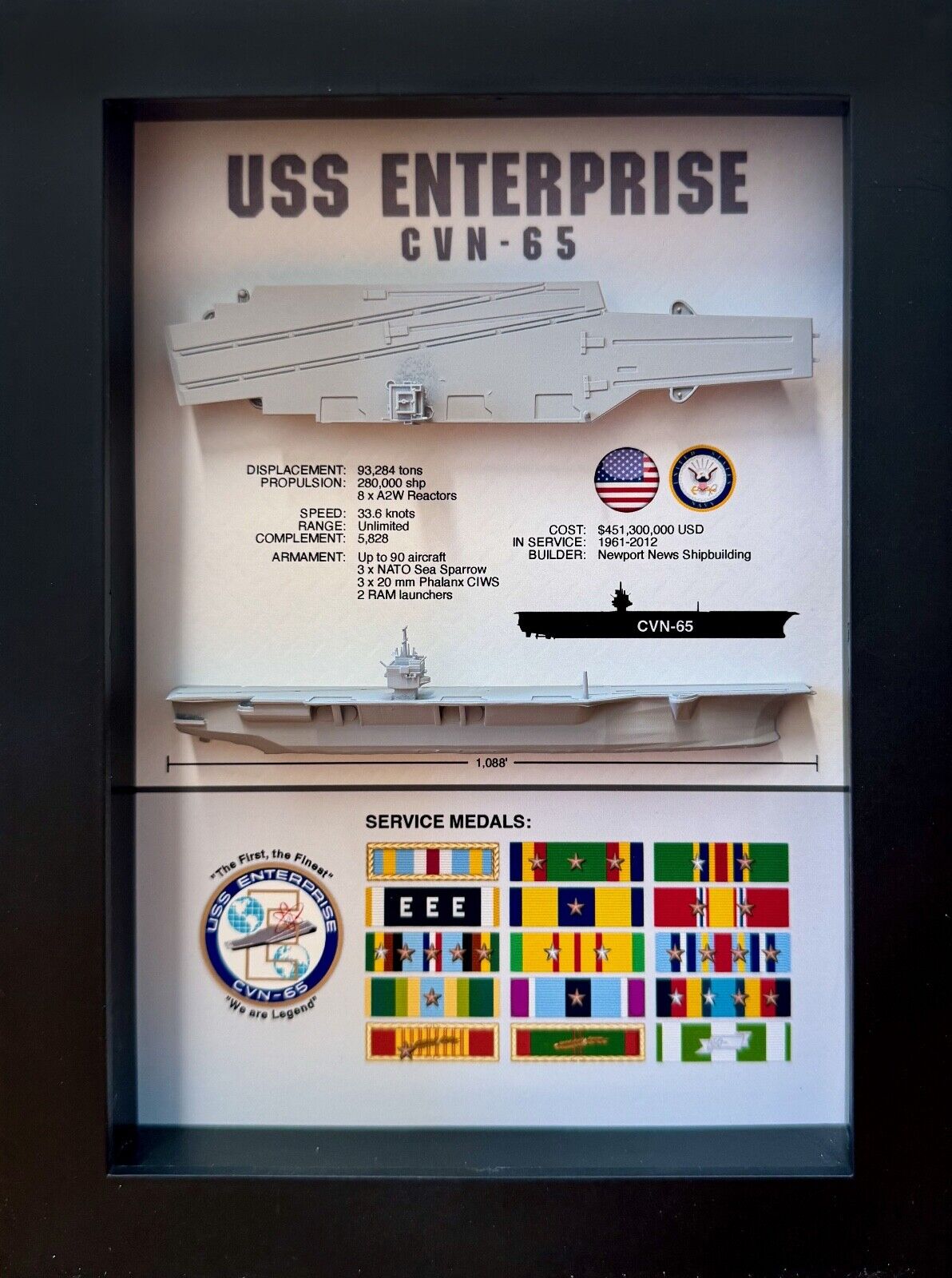 Enterprise CVN-65, Memorial Display Shadow Box, Navy, Aircraft Carrier, Nuclear