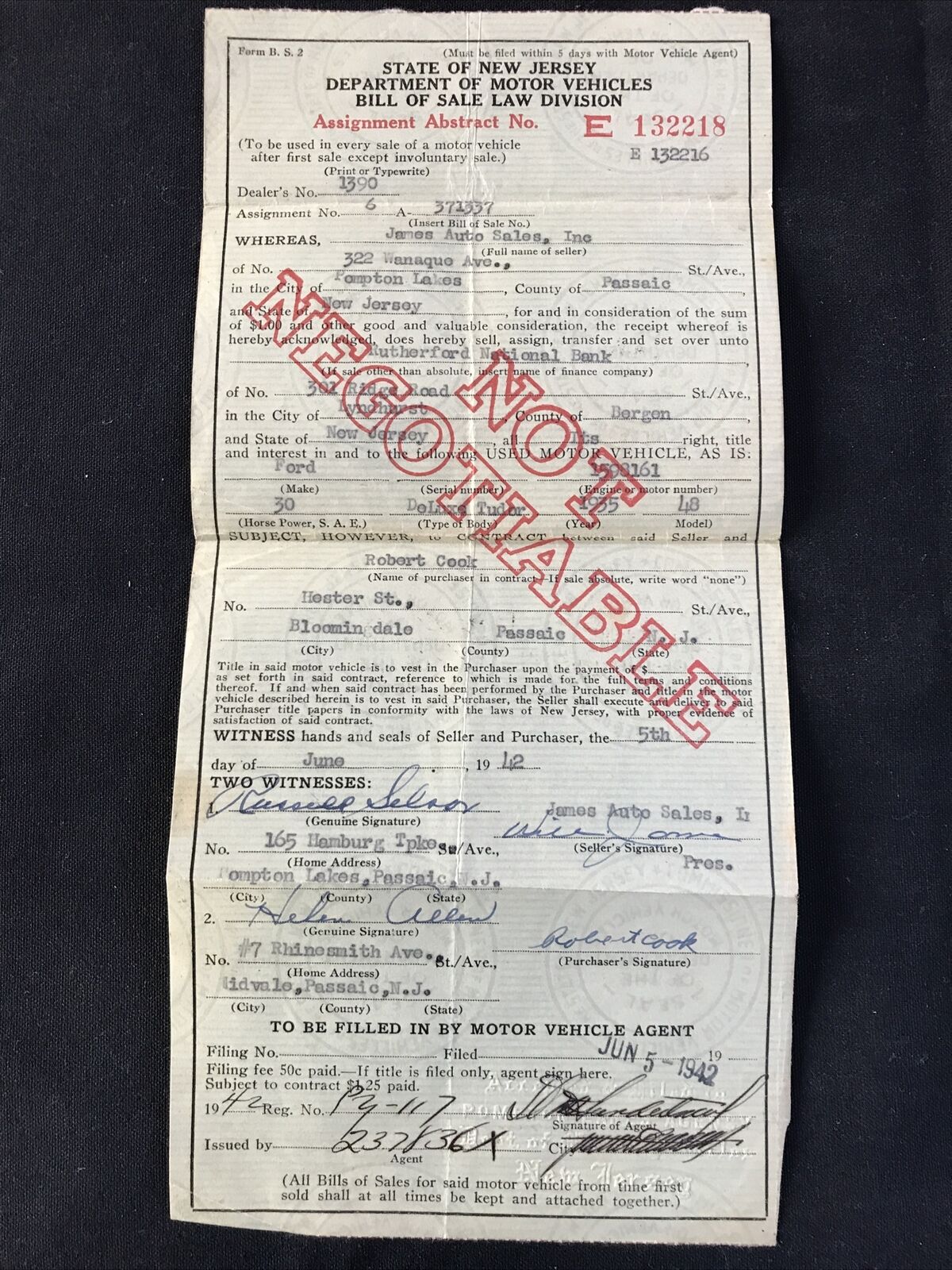Department Of Motor Vehicles Bill Of Sale New Jersey 1942 