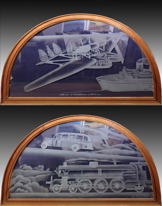ENGRAVED AND SANDED GLASS PAIRS of PANELS ART DECO, PLANE, TRAIN, BOAT AND BUS 