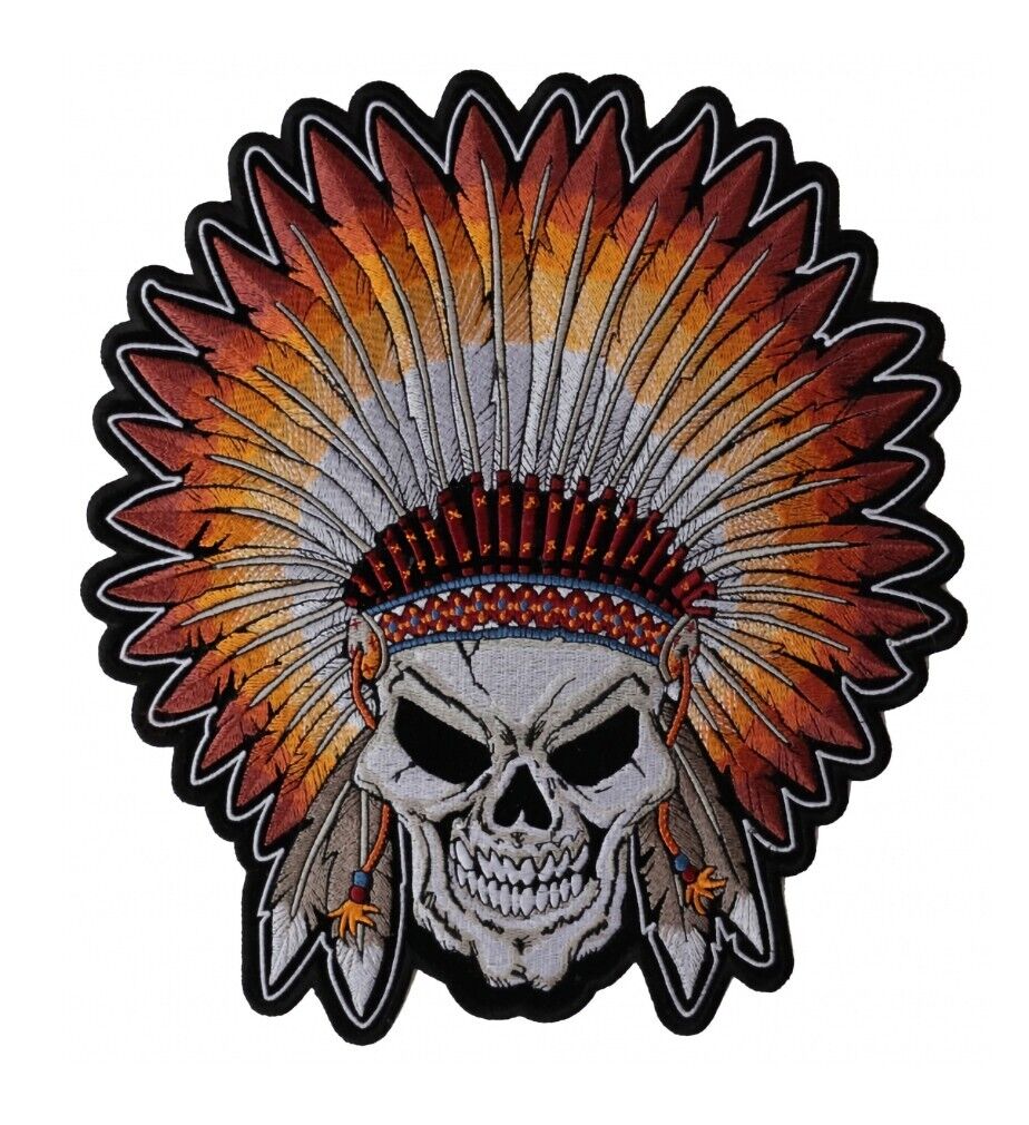 Large Native American Chief Headdress Skull Embroidered Biker Patch