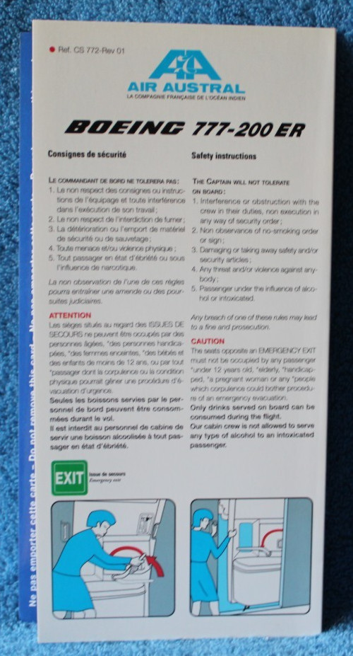Air Austrial Boeing 777-200 ER Safety Card REf CA 772-Rev01 Excellent Condition Air Austrial Boeing 777-200 ER Safety Card REf CA 772-Rev01 Excellent Condition