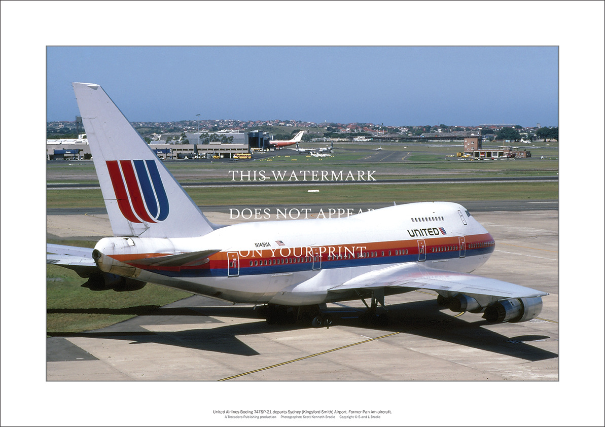 United Airlines Boeing 747-SP21 A2 Art Print – At Sydney – 59 x 42 cm Poster