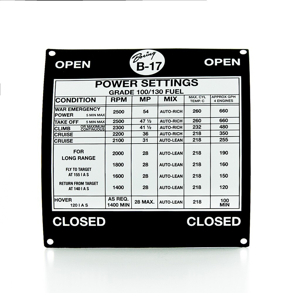 Boeing B-17 Flying Fortress Throttle Quadrant Power Settings Placard PLA-0108